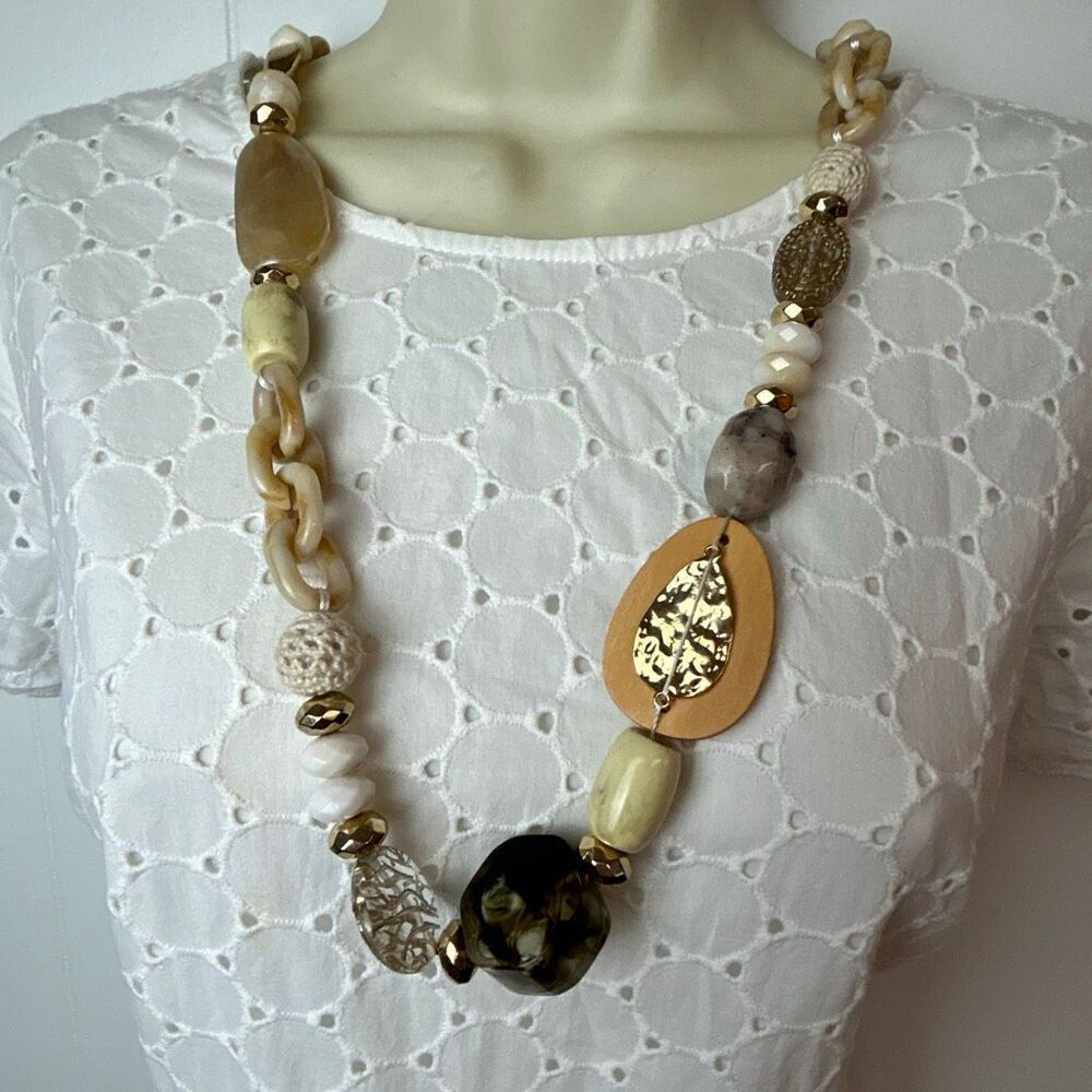 Vintage Anthropologie Style Ivory Statement Necklace Boho Natural Chunky Costume